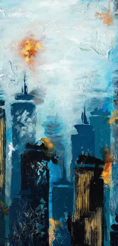 Abstract cityscape painting with blue and gold hues for phone wallpaper.