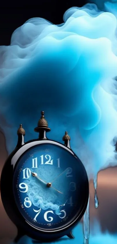 Surreal clock with blue smoke art wallpaper.