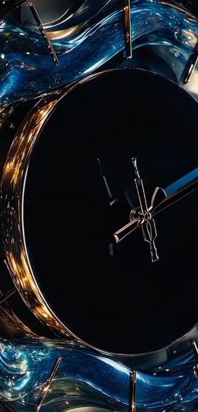 Abstract clock face with blue and metallic design.