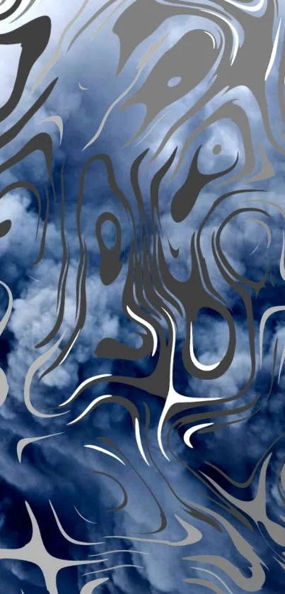 Abstract silver patterns over a cloudy blue sky wallpaper.