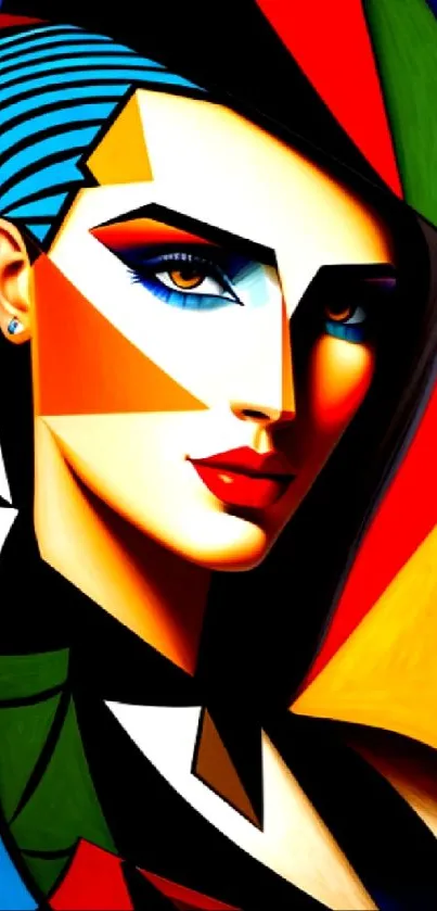 Abstract geometric face art with vibrant colors and bold design.