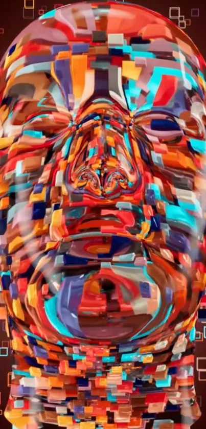 Vibrant abstract face art with pixelated design in orange and blue hues.