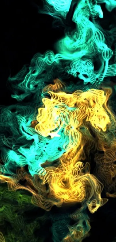 Abstract colorful smoke art with blue and gold swirls on a black background.