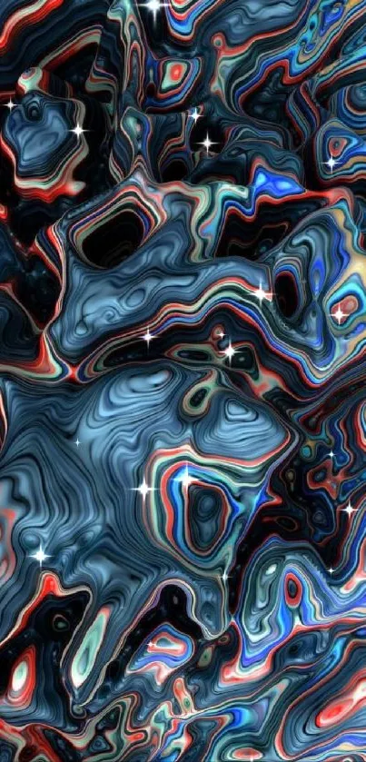 Colorful abstract swirl wallpaper with vibrant hues and dark blue tones.