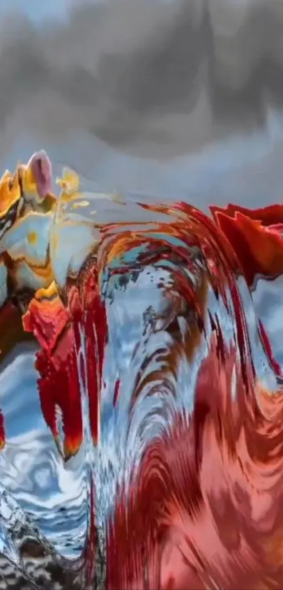 Abstract colorful waves art featuring red and orange tones.
