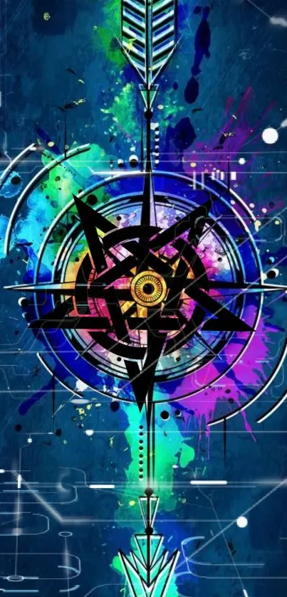 Colorful abstract compass design on a dark blue background.