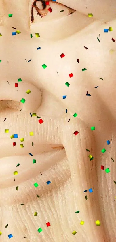 Abstract sculpture with colorful confetti on mobile wallpaper.