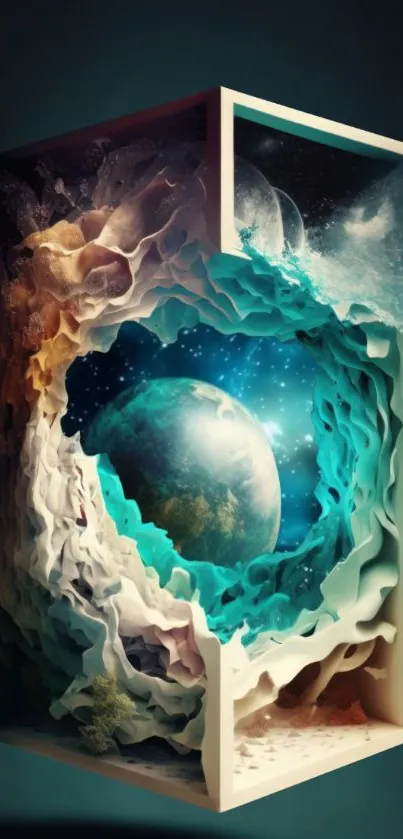 Abstract cosmic art with teal tones and 3D planetary illusion.