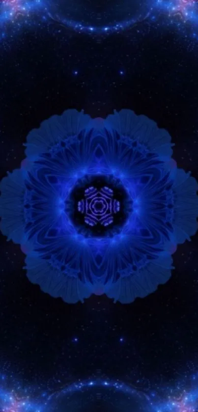 Abstract cosmic blue flower with intricate patterns on a dark background.