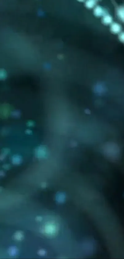 Abstract cosmic blur with teal light patterns on a mobile wallpaper.