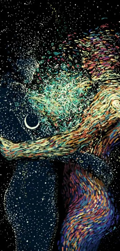 Abstract art wallpaper of cosmic figures embracing with colorful swirls.