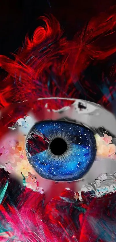 Abstract cosmic eye with red and blue hues, galaxy-inspired wallpaper.