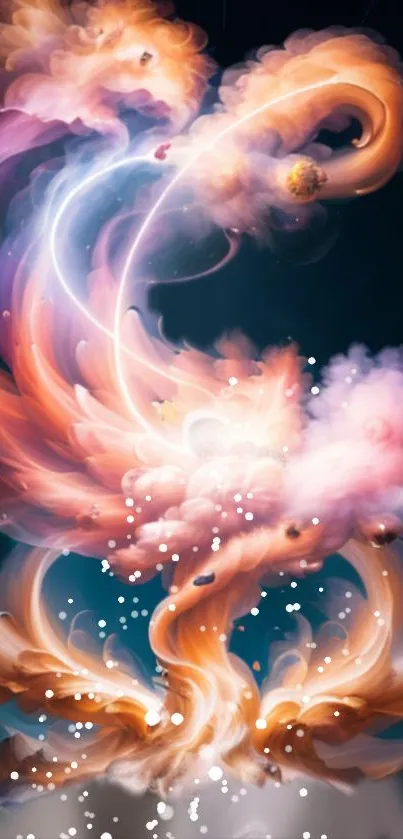 Abstract cosmic fire wallpaper with swirling orange and purple hues.