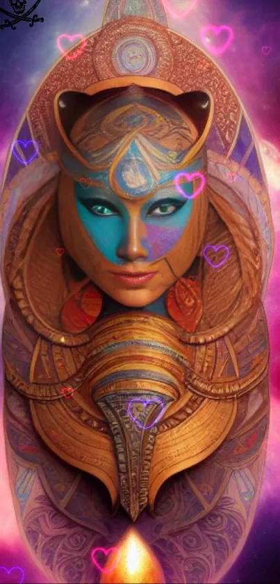 Cosmic goddess with purple and gold hues surrounded by floating hearts.