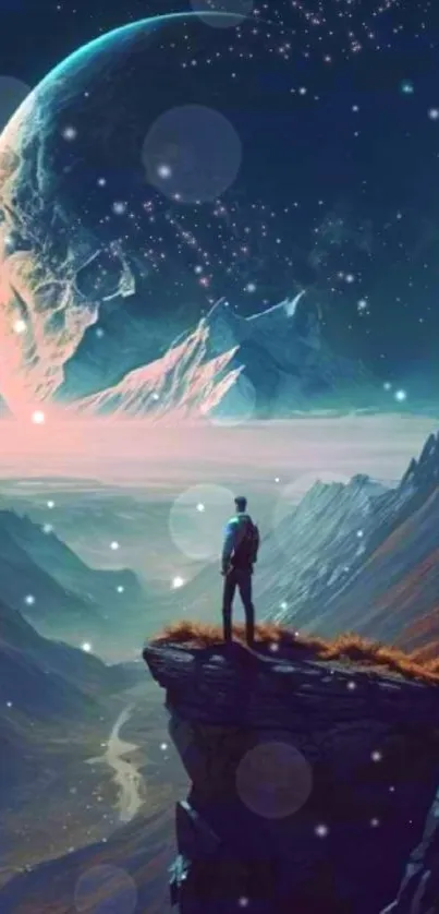 A figure stands on a cliff gazing at a cosmic starry landscape with a distant planet.