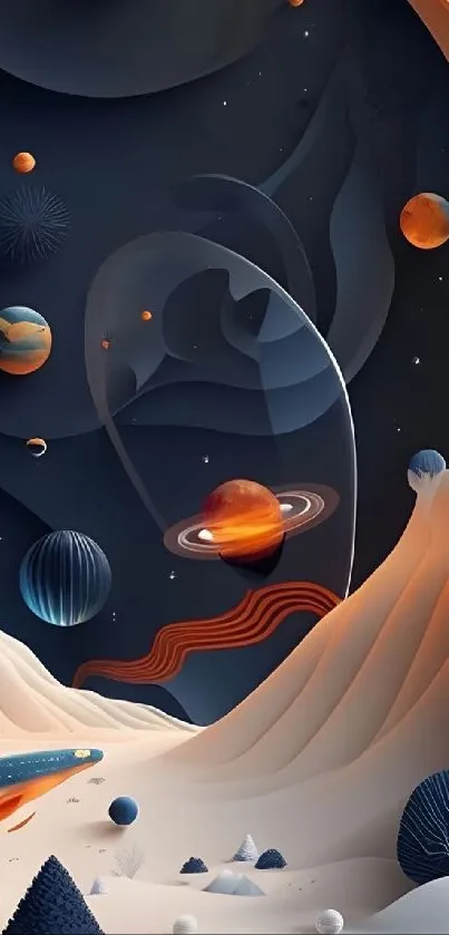 Abstract cosmic landscape with planets and waves in vibrant colors.