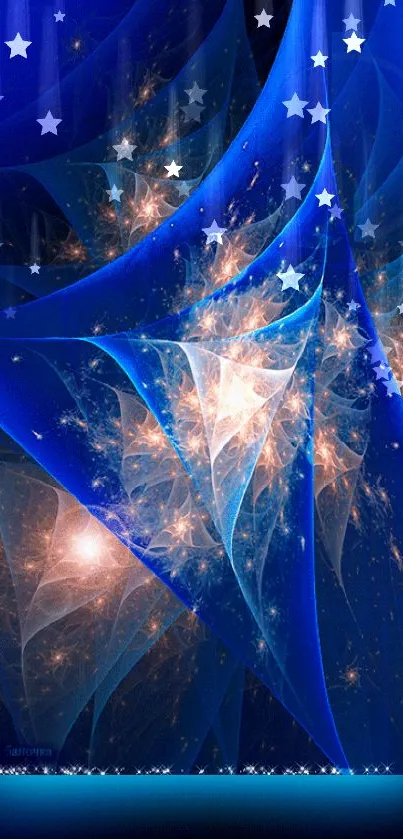 Abstract cosmic design with blue swirls and galaxy theme on mobile wallpaper.