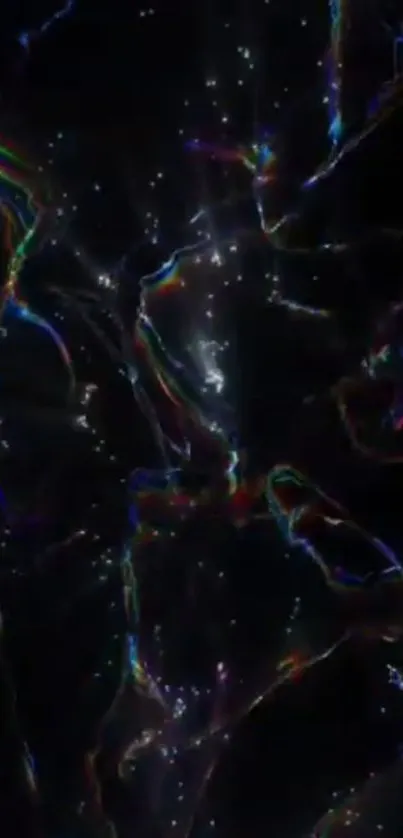 Abstract cosmic pattern with rainbow hues on a dark background for mobile wallpaper.