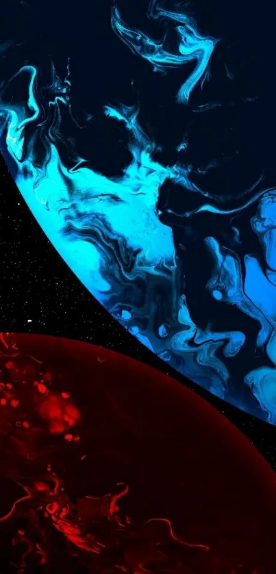 Abstract wallpaper with blue and red swirling planets in space.