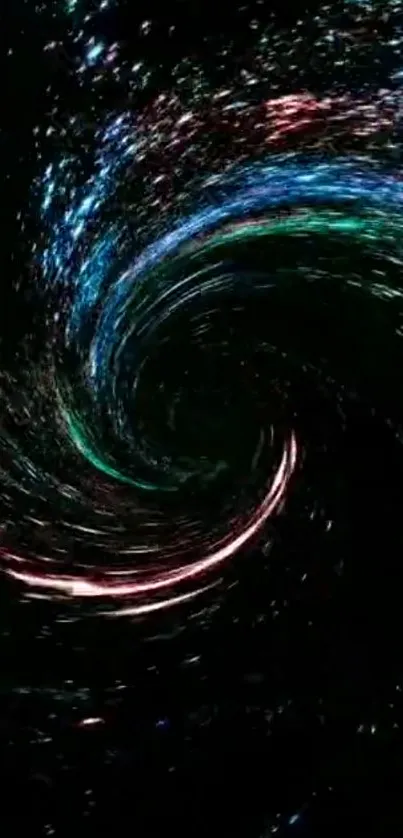 Abstract cosmic swirl with black and neon colors creating a vibrant vortex effect.