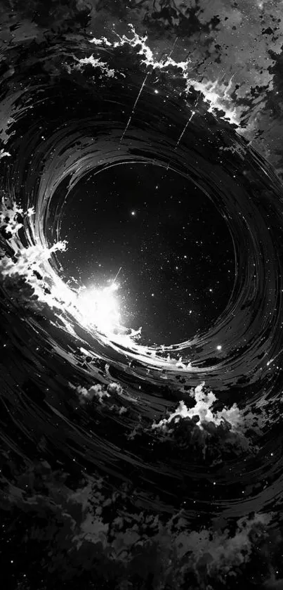 Black and white abstract cosmic vortex wallpaper.