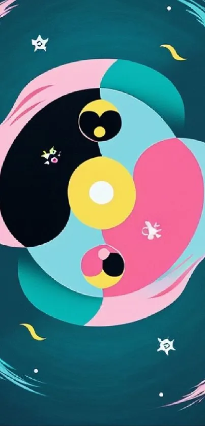 Abstract cosmic art with teal, pink, and black Yin Yang design for mobile wallpaper.