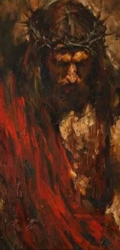 Abstract art of a crowned figure in dark red and brown hues.