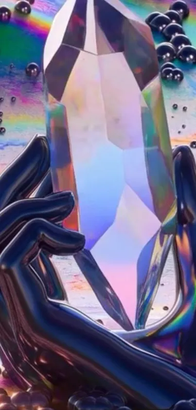 Abstract art of hands holding a luminous crystal with multicolor background.