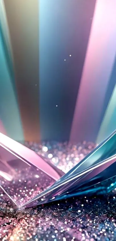 Abstract crystal wallpaper with glittering effects in blue and pink hues.