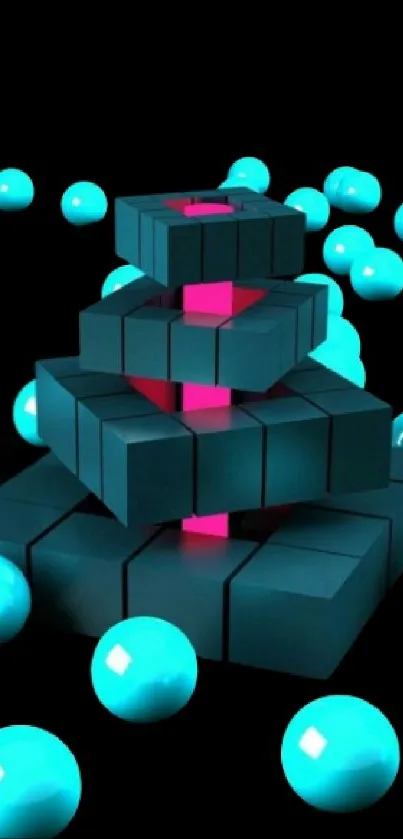 3D abstract cubes and glowing spheres wallpaper.