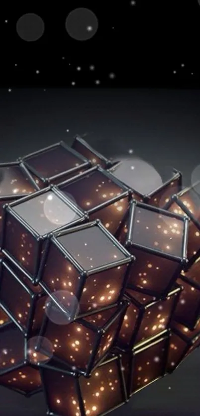 Abstract cube with glowing lights in dark tones.