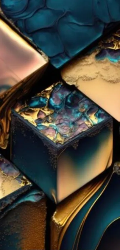 Abstract 3D cubic design with metallic textures.