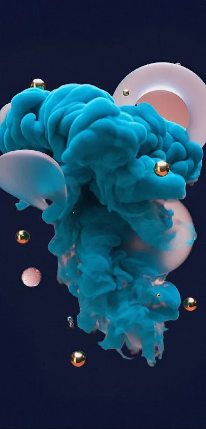 Abstract cyan smoke with spheres on dark background.