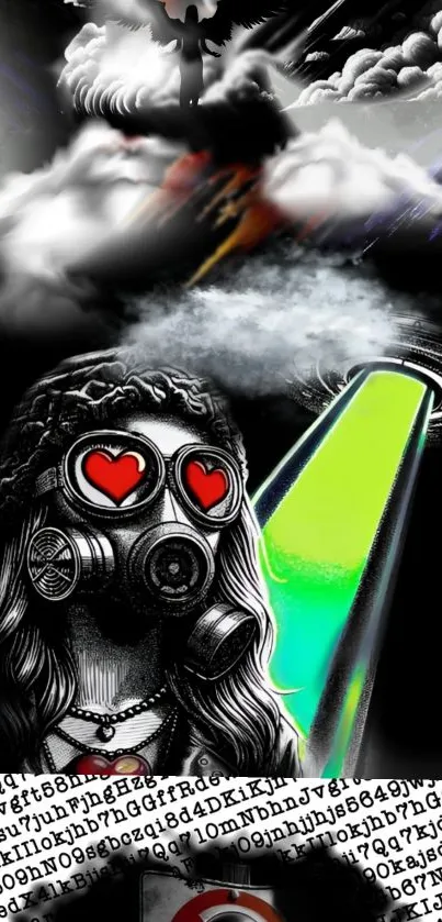 Dark abstract wallpaper with gas mask and neon.