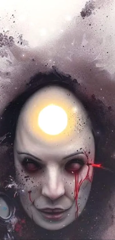 Mysterious dark abstract face with glowing forehead in artistic design.