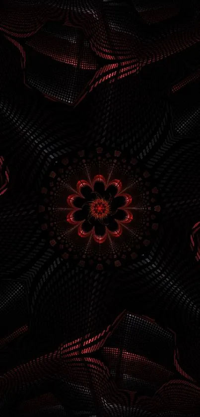 Dark abstract kaleidoscope design wallpaper with red accents.