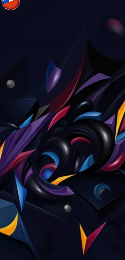 Abstract dark geometric mobile wallpaper with vibrant shapes.