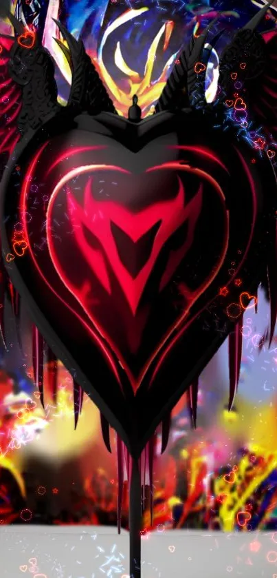 Dark heart with wings on a colorful abstract background.