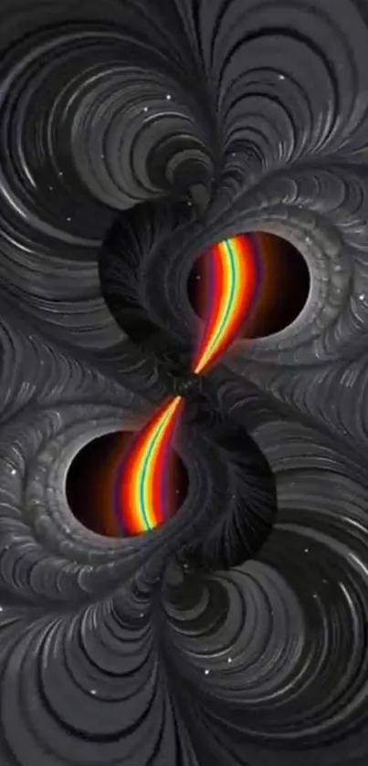 Abstract dark mobile wallpaper with swirling colorful patterns and rainbows.