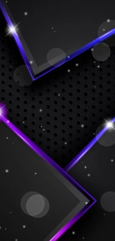 Abstract dark wallpaper with neon purple and blue accents on geometric patterns.