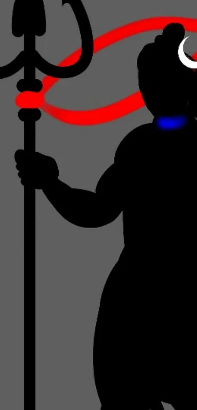 Silhouette of a figure holding a trident with red and blue accents.