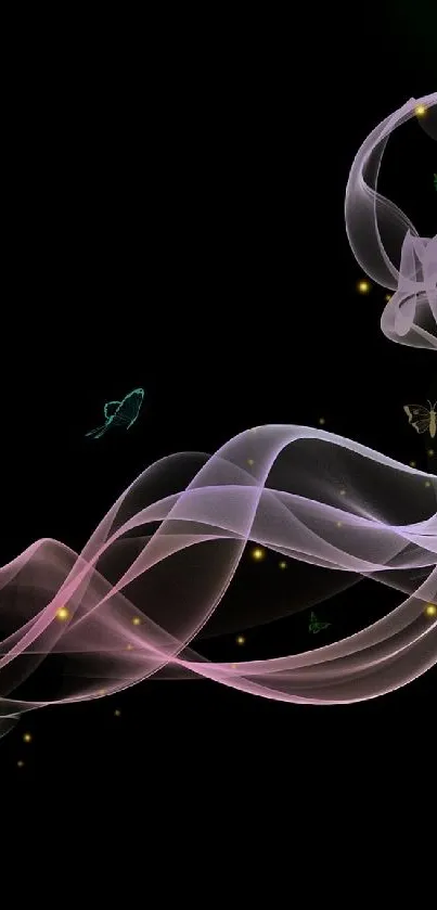 Abstract dark smoke with colorful wisps on a black background.