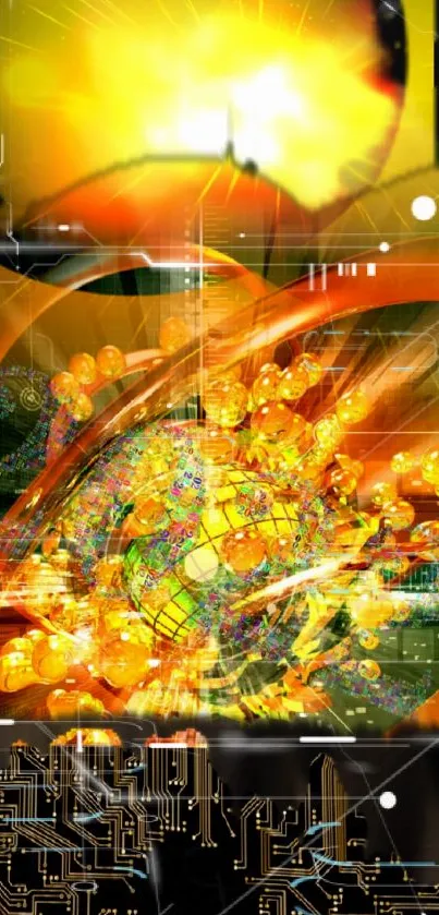 Vibrant abstract digital artwork with orange and yellow futuristic design.