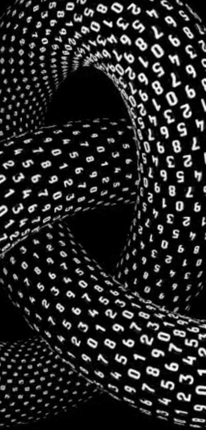 Abstract wallpaper with digital numbers in black and white intertwined loops.