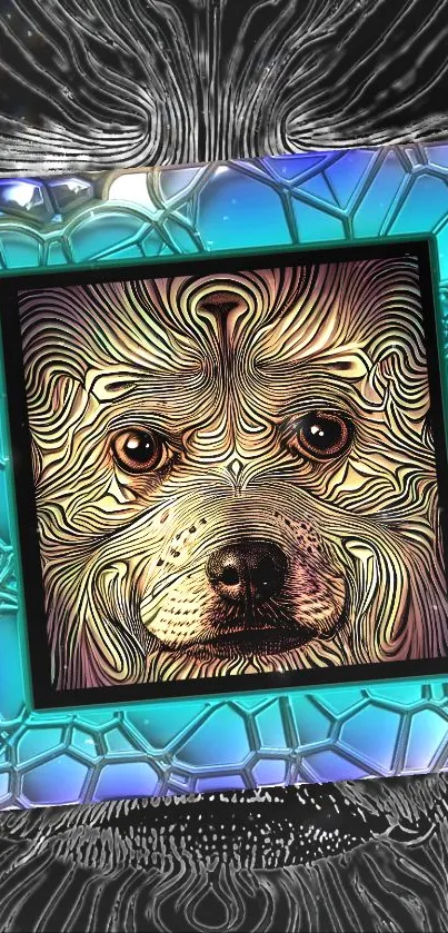 Abstract art wallpaper with dog and geometric teal frame.