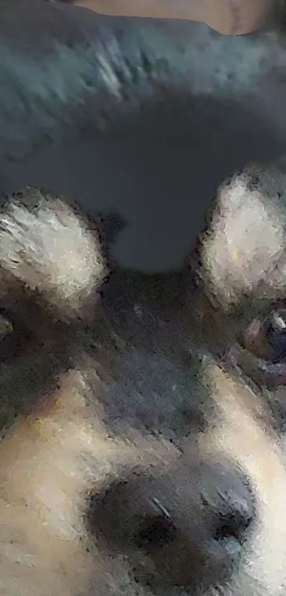 Abstract close-up of a dog's face with an intense gaze in dark tones.