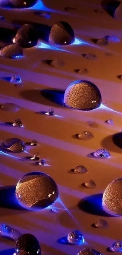 Abstract droplets with blue glow on brown surface wallpaper.