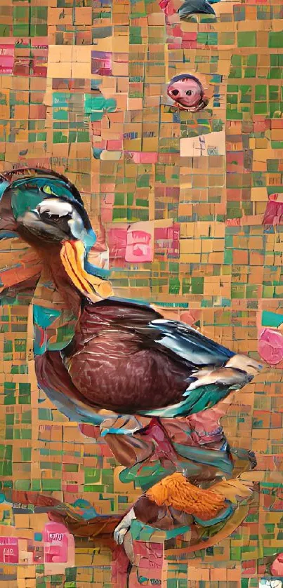 Abstract mosaic duck art in vibrant colors.