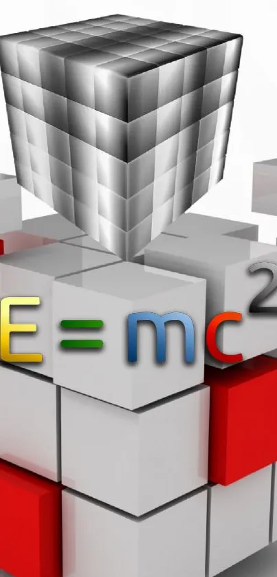 Abstract 3D cubes featuring E=mc² in bold colors.