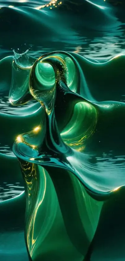 Emerald green fluid abstract wallpaper with dynamic and vibrant design.